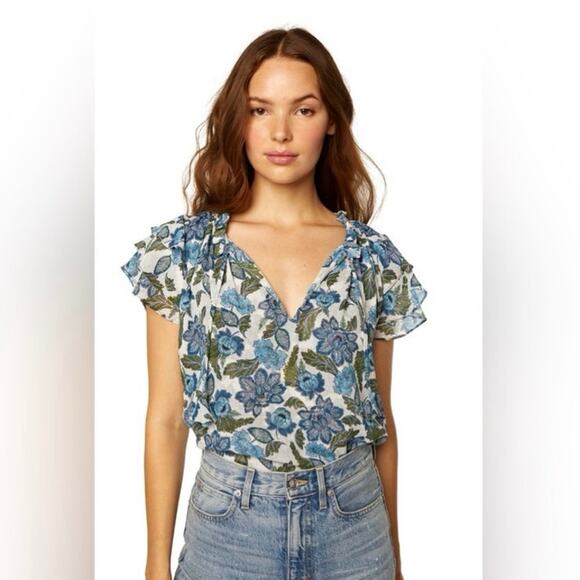 Revolve MISA Los Angeles Blue Green Floral Maria Ruffle Blouse Size Small - Picture 3 of 9